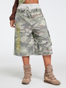 Paul Frank X ROMWE Quần short denim túi hộp họa tiết rằn ri thêu slogan phối màu tương phản phong cách đường phố - Nhiều màu - Xem 6