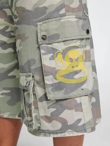 Paul Frank X ROMWE Quần short denim túi hộp họa tiết rằn ri thêu slogan phối màu tương phản phong cách đường phố - Nhiều màu - Xem 10