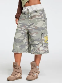 Paul Frank X ROMWE Quần short denim túi hộp họa tiết rằn ri thêu slogan phối màu tương phản phong cách đường phố - Nhiều màu - Xem 1
