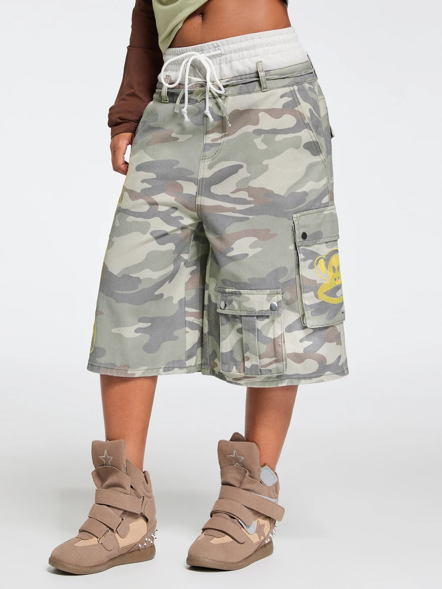 Paul Frank X ROMWE Quần short denim túi hộp họa tiết rằn ri thêu slogan phối màu tương phản phong cách đường phố - Nhiều màu - Xem 1