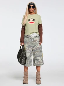 Paul Frank X ROMWE Quần short denim túi hộp họa tiết rằn ri thêu slogan phối màu tương phản phong cách đường phố - Nhiều màu - Xem 3