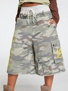 Paul Frank X ROMWE Quần short denim túi hộp họa tiết rằn ri thêu slogan phối màu tương phản phong cách đường phố - Nhiều màu - Xem 7