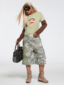 Paul Frank X ROMWE Quần short denim túi hộp họa tiết rằn ri thêu slogan phối màu tương phản phong cách đường phố - Nhiều màu - Xem 4