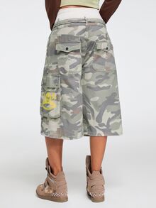 Paul Frank X ROMWE Quần short denim túi hộp họa tiết rằn ri thêu slogan phối màu tương phản phong cách đường phố - Nhiều màu - Xem 2