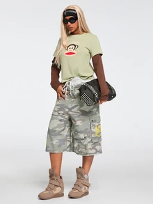 Paul Frank X ROMWE Quần short denim túi hộp họa tiết rằn ri thêu slogan phối màu tương phản phong cách đường phố - Nhiều màu - Xem 5