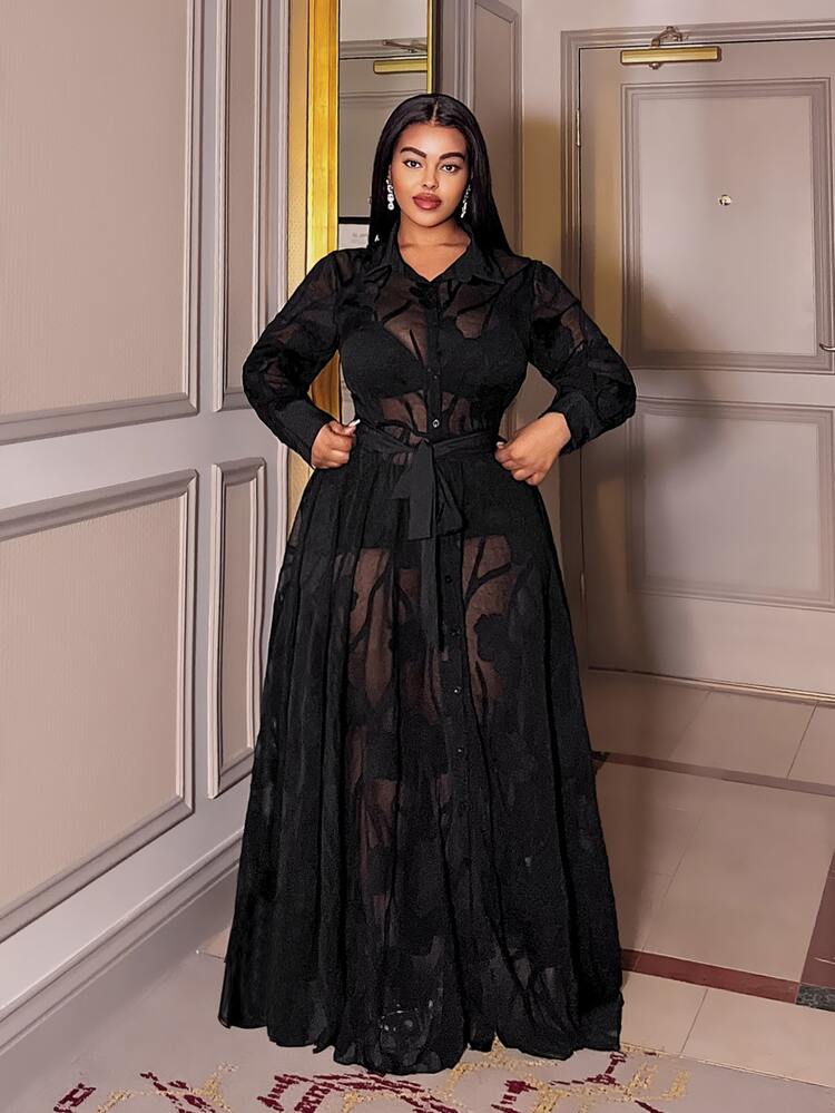 Maweii Plus Size Elegant Sexy Jacquard Sheer Dress Fall | SHEIN USA