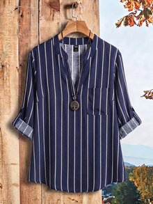EMERY ROSE Plus Size Women's Nautical Striped Print Rolled Sleeve Shirt - Multicolor - View 4