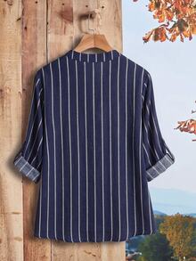 EMERY ROSE Plus Size Women's Nautical Striped Print Rolled Sleeve Shirt - Multicolor - View 2