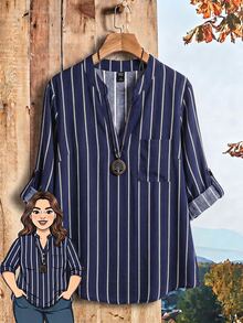 EMERY ROSE Plus Size Women's Nautical Striped Print Rolled Sleeve Shirt - Multicolor - View 1