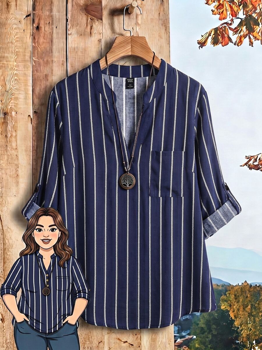 EMERY ROSE Plus Size Women's Nautical Striped Print Rolled Sleeve Shirt - Multicolor - View 1