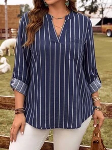 EMERY ROSE Plus Size Women's Nautical Striped Print Rolled Sleeve Shirt - Multicolor - View 5