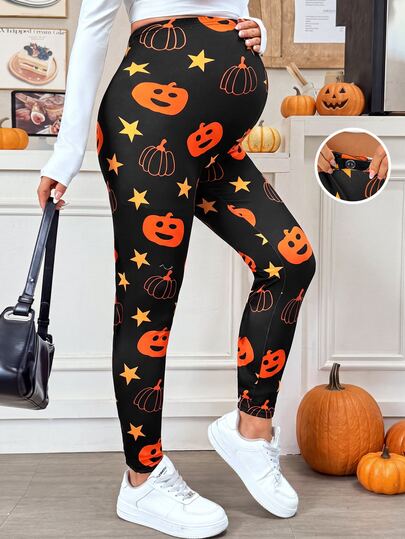 SHEIN Pumpkin-Print Maternity Leggings With Adjustable Waist – Autumn Halloween