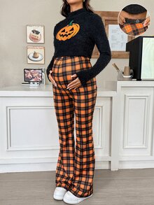 SHEIN Halloween Pumpkin Embroidery Top & Plaid Trousers – Maternity Two Pieces Set (Autumn/Winter) Halloween - Multicolor - View 4