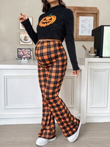 SHEIN Halloween Pumpkin Embroidery Top & Plaid Trousers – Maternity Two Pieces Set (Autumn/Winter) Halloween - Multicolor - View 8