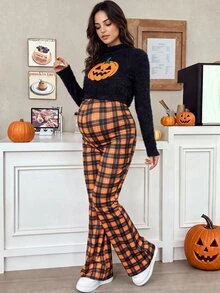 SHEIN Halloween Pumpkin Embroidery Top & Plaid Trousers – Maternity Two Pieces Set (Autumn/Winter) Halloween - Multicolor - View 2