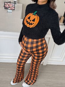 SHEIN Halloween Pumpkin Embroidery Top & Plaid Trousers – Maternity Two Pieces Set (Autumn/Winter) Halloween - Multicolor - View 7