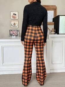SHEIN Halloween Pumpkin Embroidery Top & Plaid Trousers – Maternity Two Pieces Set (Autumn/Winter) Halloween - Multicolor - View 5