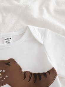 SHEIN 2件組新生兒短袖套裝 白色夏季休閒圖案連身褲短褲，綠色三角形設計，可愛獅子印花，柔軟舒適，適合派對與外出 - 棕色 - 查看 6