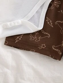 SHEIN 2件組新生兒短袖套裝 白色夏季休閒圖案連身褲短褲，綠色三角形設計，可愛獅子印花，柔軟舒適，適合派對與外出 - 棕色 - 查看 7