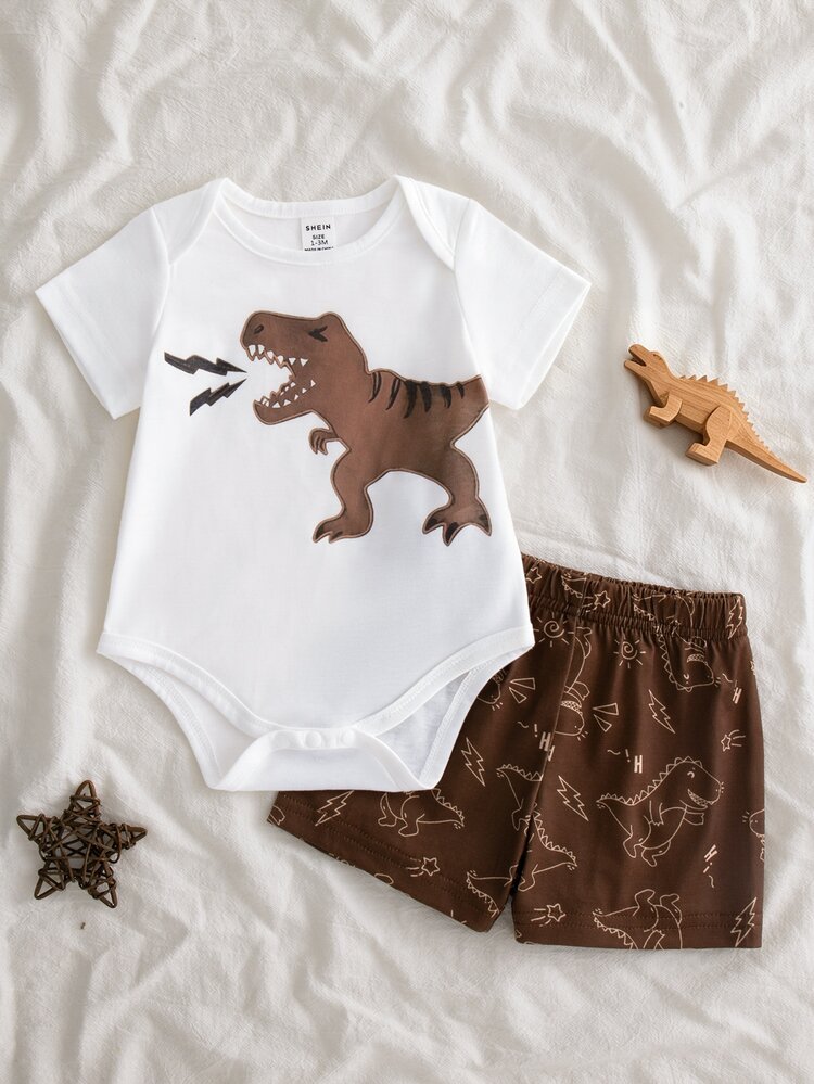 SHEIN 2pcs Newborn Short Sleeve Outfit Cute Lion Print Yellow-Brown Triangle Romper + Shorts Soft Casual Summer Beige Matching Set For Parties - Brown - View 3