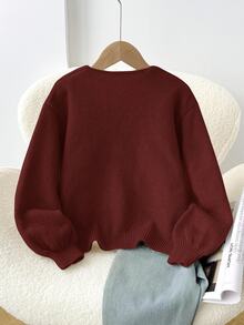 SHEIN 少女米色開襟羊毛衫，秋季休閒返校簡約舒適領口長袖少女冬季毛衣 - 酒紅色 - 查看 2