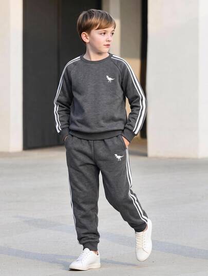 SHEIN 2pcs Kids Tween Boy Casual Sports Loose Raglan Sleeve Crew Neck Heather Gray Sweatshirt & Sweatpants Set, Suitable For Autumn/Winter, Fall Clothes, Winter Clothes, Back To School
