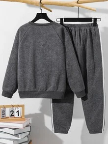SHEIN 2件組兒童青少年男孩休閒運動寬鬆落肩袖圓領麻灰運動衫與運動長褲套裝，適合秋冬，秋季衣物，冬季衣物，返校季 - 彩色 - 查看 5