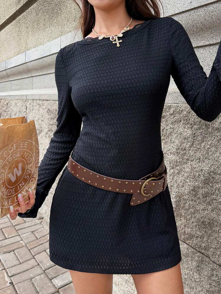 MainGRL Black Knit Mini Dress For Women - Black - View 5