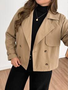 Shapeblank Plus Size Women's And Fashion Casual Loose Comfortable Daily Basic Versatile Classic Khaki Short Trench Coat,Simple Style,Coats Spring Fall/Winter - Khaki - View 5