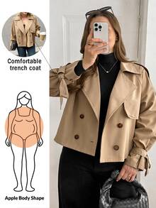 Shapeblank Plus Size Women's And Fashion Casual Loose Comfortable Daily Basic Versatile Classic Khaki Short Trench Coat,Simple Style,Coats Spring Fall/Winter - Khaki - View 2