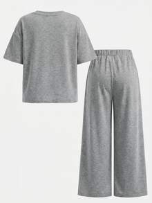 Young Girl Spring Summer Cute Casual Minimalist Letter Print Short Sleeve T-Shirt + Long Pants 2 Pieces Set 7th Birthday - Grey - View 2