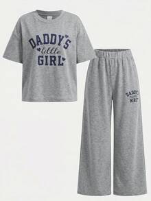 Young Girl Spring Summer Cute Casual Minimalist Letter Print Short Sleeve T-Shirt + Long Pants 2 Pieces Set 7th Birthday - Grey - View 8