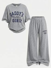Young Girl Spring Summer Cute Casual Minimalist Letter Print Short Sleeve T-Shirt + Long Pants 2 Pieces Set 7th Birthday - Grey - View 4