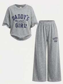 Young Girl Spring Summer Cute Casual Minimalist Letter Print Short Sleeve T-Shirt + Long Pants 2 Pieces Set 7th Birthday - Grey - View 3