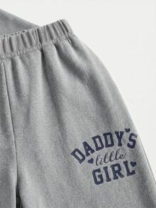 Young Girl Spring Summer Cute Casual Minimalist Letter Print Short Sleeve T-Shirt + Long Pants 2 Pieces Set 7th Birthday - Grey - View 5