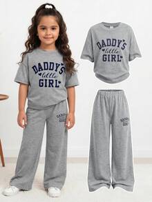 Young Girl Spring Summer Cute Casual Minimalist Letter Print Short Sleeve T-Shirt + Long Pants 2 Pieces Set 7th Birthday - Grey - View 1