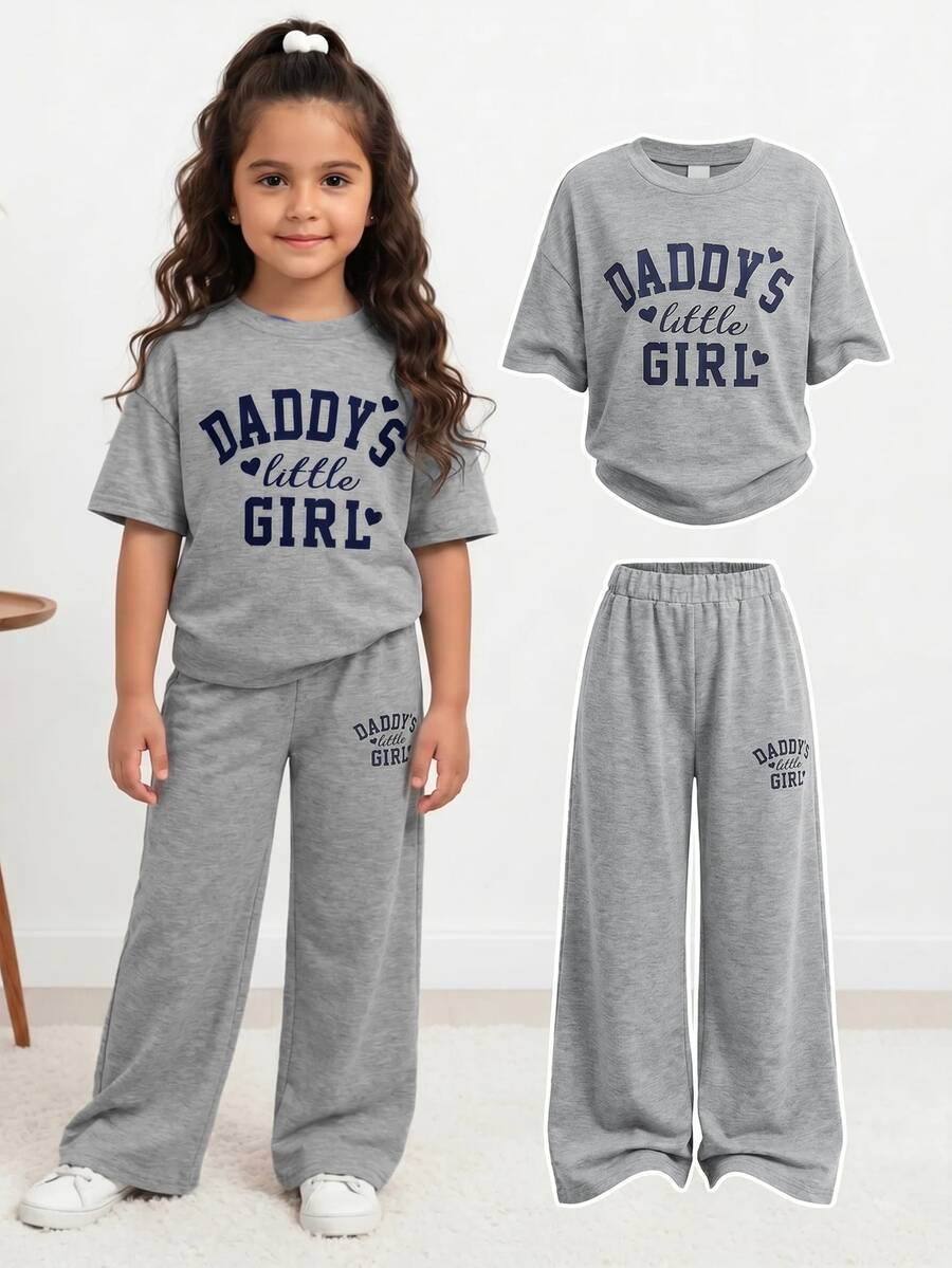 Young Girl Spring Summer Cute Casual Minimalist Letter Print Short Sleeve T-Shirt + Long Pants 2 Pieces Set 7th Birthday - Grey - View 1