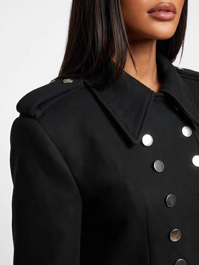 Radiana Autumn/Winter Minimalist Elegant Fashion Black Double-Breasted Short Overcoat, Trench Jacket, Wool Jacket, Casual Business Style Office Night