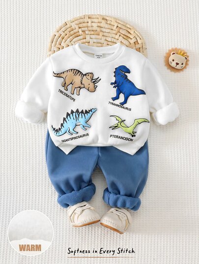 Cozy Pixies Baby Boy Cartoon Animal 3D Pattern Knitted Soft Crew Neck Long Sleeve Pullover Sweatshirt & Elastic Waist Long Autumn Winter Pants 2-Piece Set