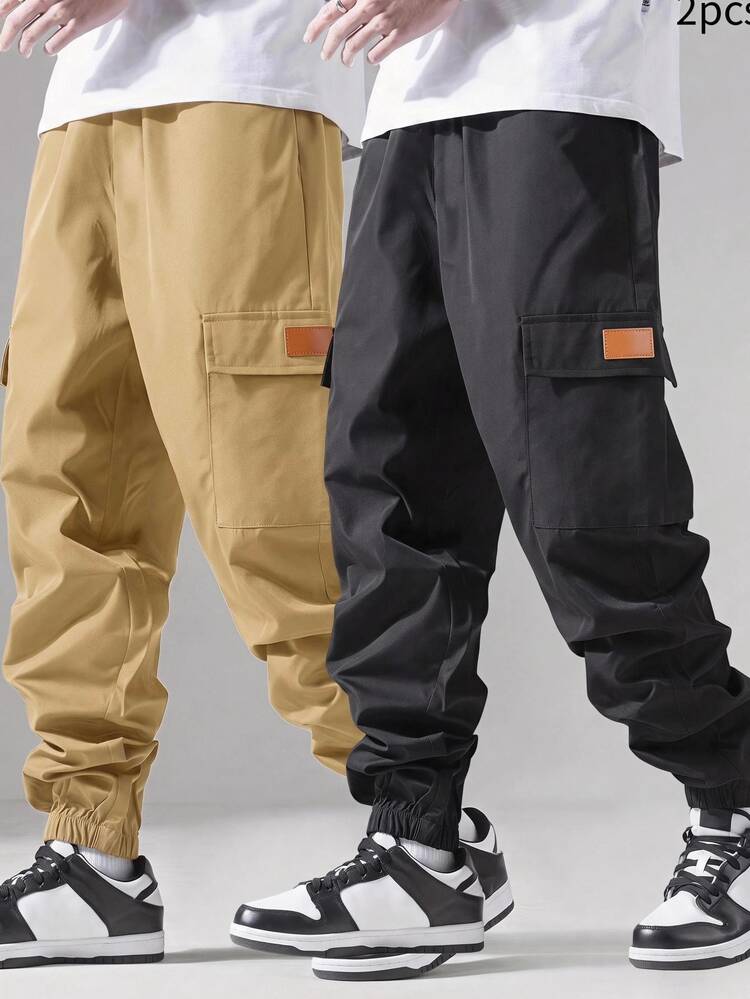 SHEIN 2pcs Kids Tween Boy Casual Loose Black Cargo Joggers, Khaki Cargo Pants, Basic Bottoms, Suitable For Fall/Winter, School, Family Gathering, Vacation, Party, FallOutfit, WinterOutfit - Multicolor - View 1