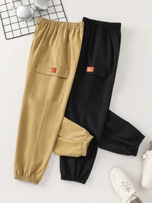 SHEIN 2件組兒童青少年男孩休閒寬鬆黑色工裝慢跑褲、卡其色工裝褲，基礎下著，適合秋冬、學校、家庭聚會、度假、派對，秋季穿搭，冬季穿搭 - 彩色 - 查看 3