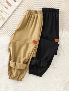SHEIN 2件組兒童青少年男孩休閒寬鬆黑色工裝慢跑褲、卡其色工裝褲，基礎下著，適合秋冬、學校、家庭聚會、度假、派對，秋季穿搭，冬季穿搭 - 彩色 - 查看 4