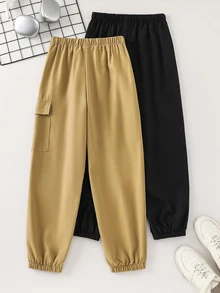 SHEIN 2件組兒童青少年男孩休閒寬鬆黑色工裝慢跑褲、卡其色工裝褲，基礎下著，適合秋冬、學校、家庭聚會、度假、派對，秋季穿搭，冬季穿搭 - 彩色 - 查看 6