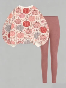 南瓜杏粉色，甜美田園彩色南瓜花卉插圖圖案，青少年女孩休閒極簡寬鬆圓領衛衣與內搭褲套裝，適合秋冬日常、農場、萬聖節、感恩節，舒適氛圍，秋季氛圍舒適季節 - 白色 - 查看 2