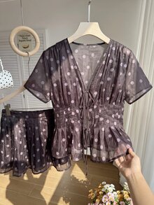 Comfortcana 春夏純色翻領百褶休閒百搭日常短袖大尺碼襯衫 - 棕色 - 查看 5