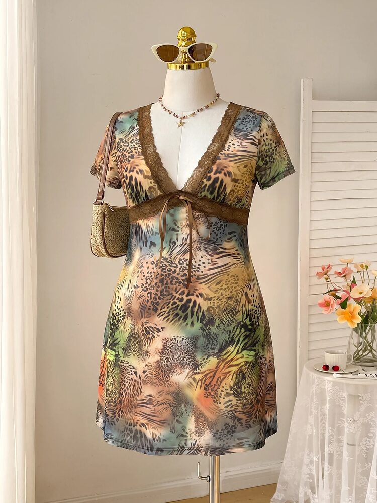 Comfortcana Plus Size Women Zebra Print Contrast Lace V-Neck Short Sleeve Fashion Dress - Multicolor - View 3