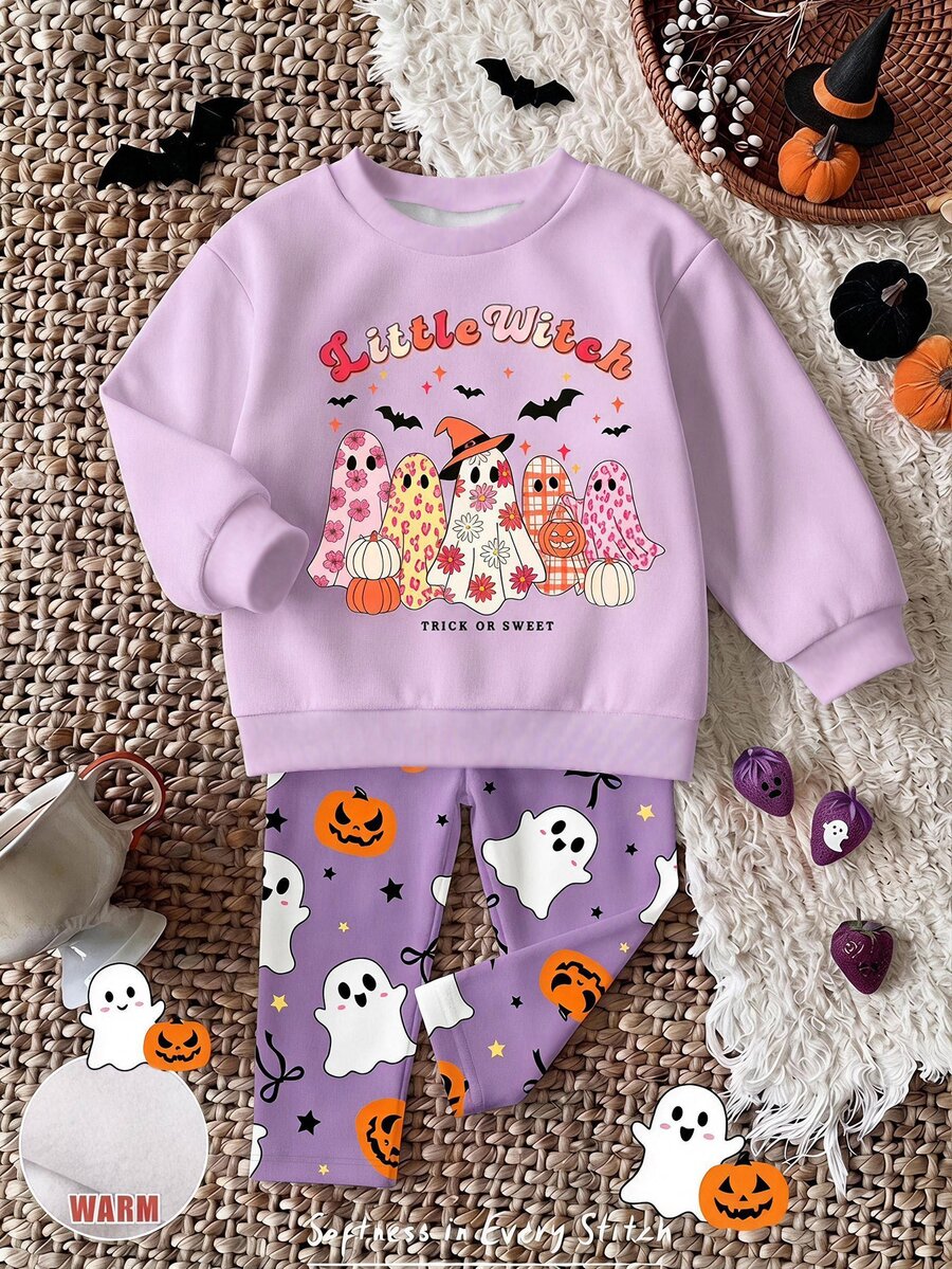 Baby Girl Halloween Print Thermal Lined Autumn Sweatshirt & Leggings - Multicolor - View 1