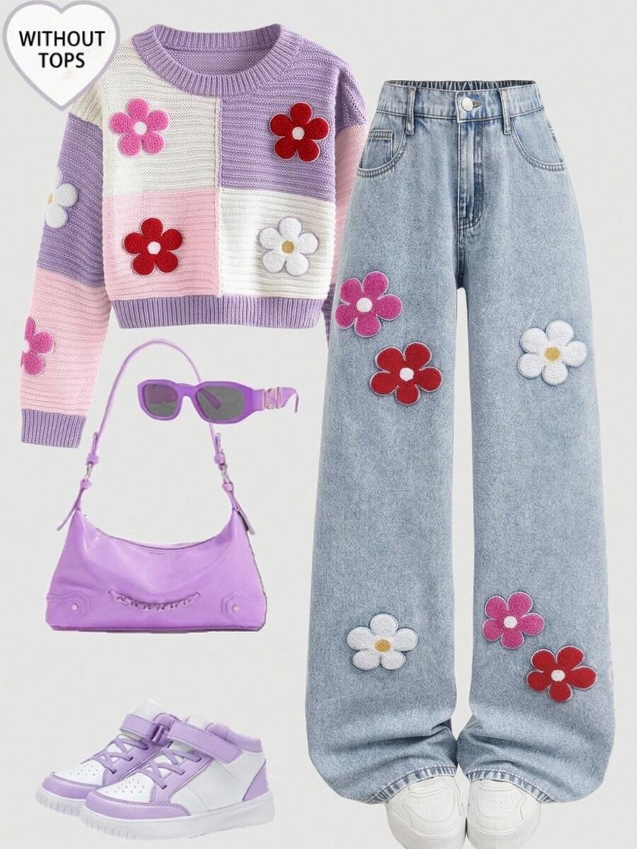 Girlism 青少年女孩彩色毛巾，刺繡花卉圖案，可愛寬鬆牛仔褲，黑色，上學穿搭 - 藍色 - 查看 1