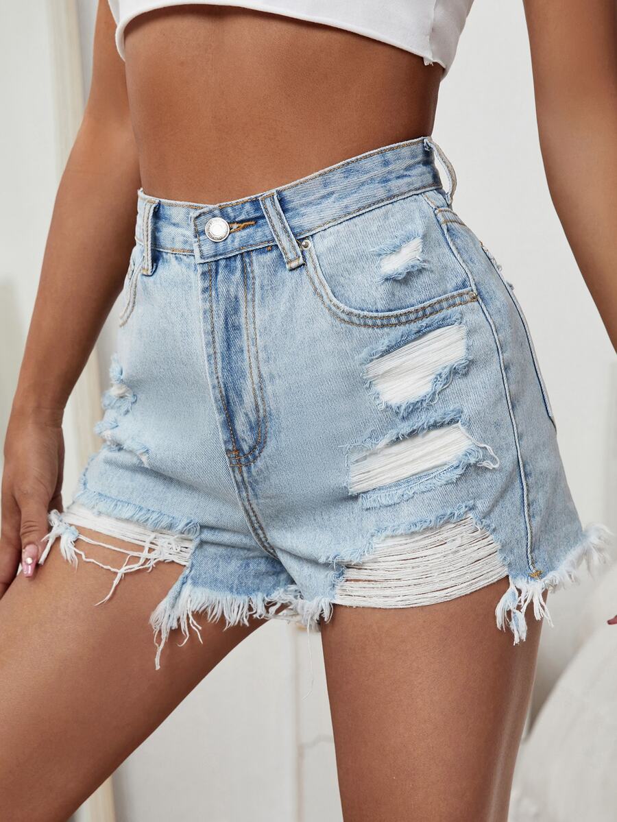 SHEIN EZwear Raw Hem Distressed Denim Shorts - Light Wash - View 1