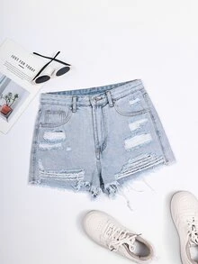 SHEIN EZwear Raw Hem Distressed Denim Shorts - Light Wash - View 6